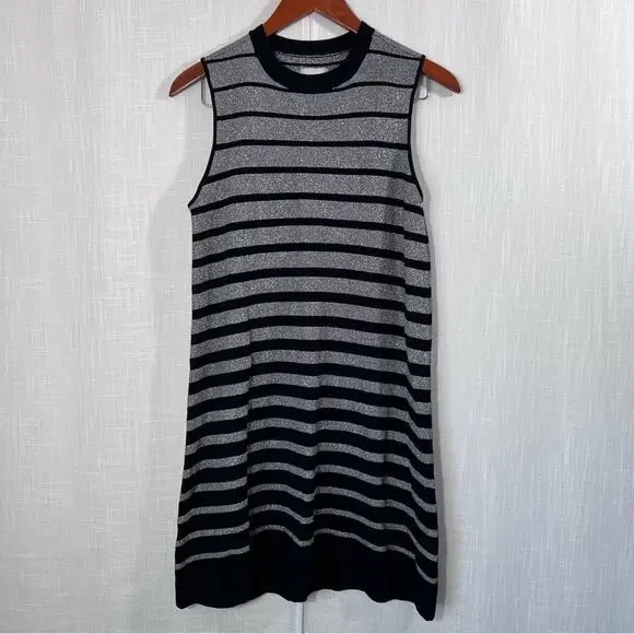 Eci Nee York Black Silver Metallic Sparkle Striped Knit Sleeveless Dress Sz M - Picture 3 of 13